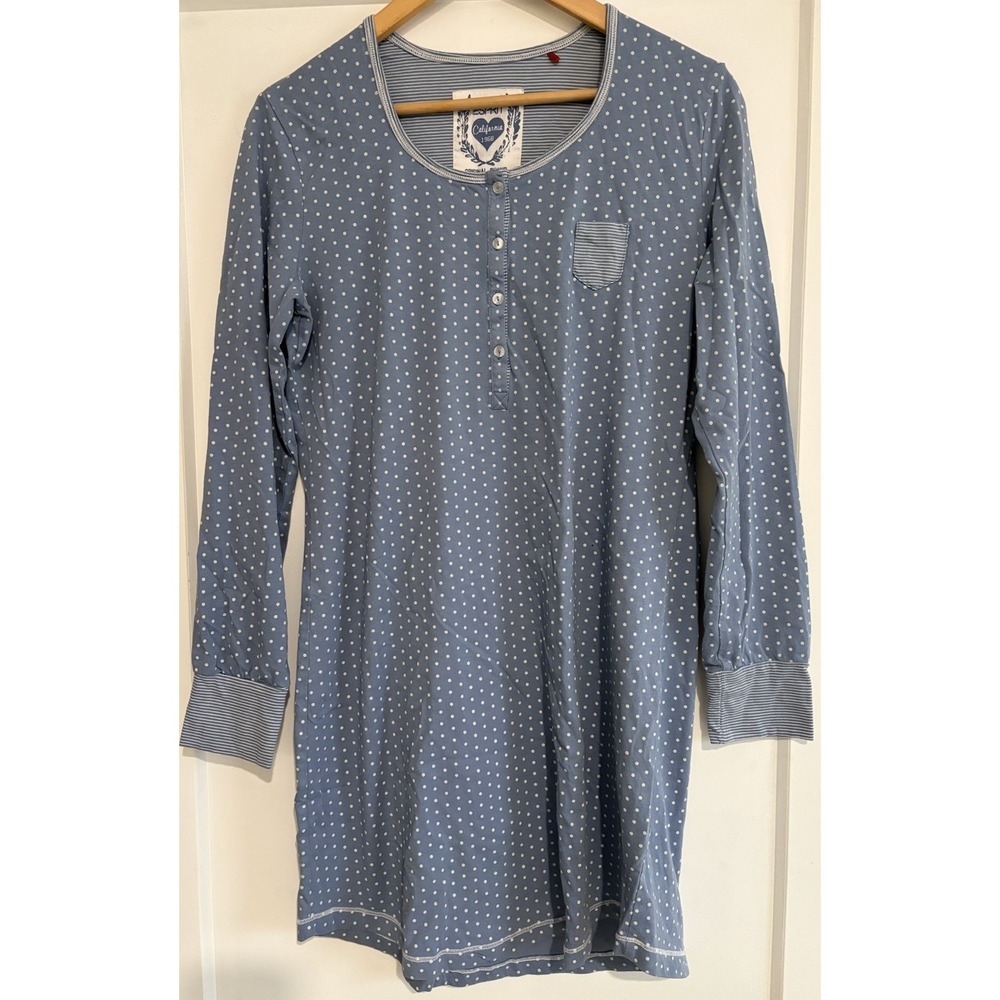 Esprit Women M Blue Polka Dot Henley Nightshirt Long Sleeve Cottagecore Dress